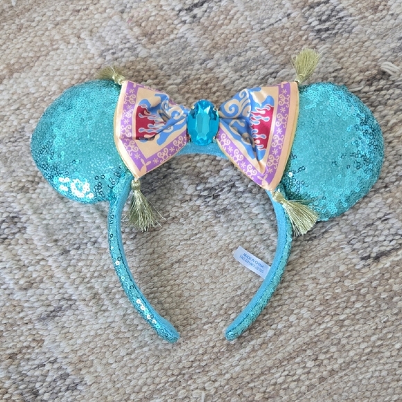 Disney Teal Sequin Aladdin Mouse Ears with Colorful Bow - Picture 1 of 3